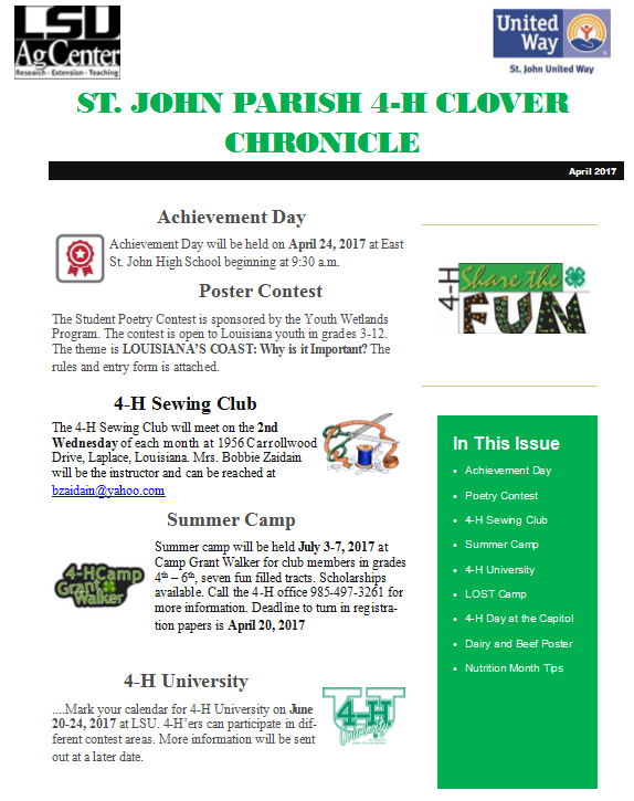 St. John Parish 4-H Clover Chronicle April 2017